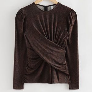 & Other Stories Draped Puff Sleeve Top crossover small brown & black pattern